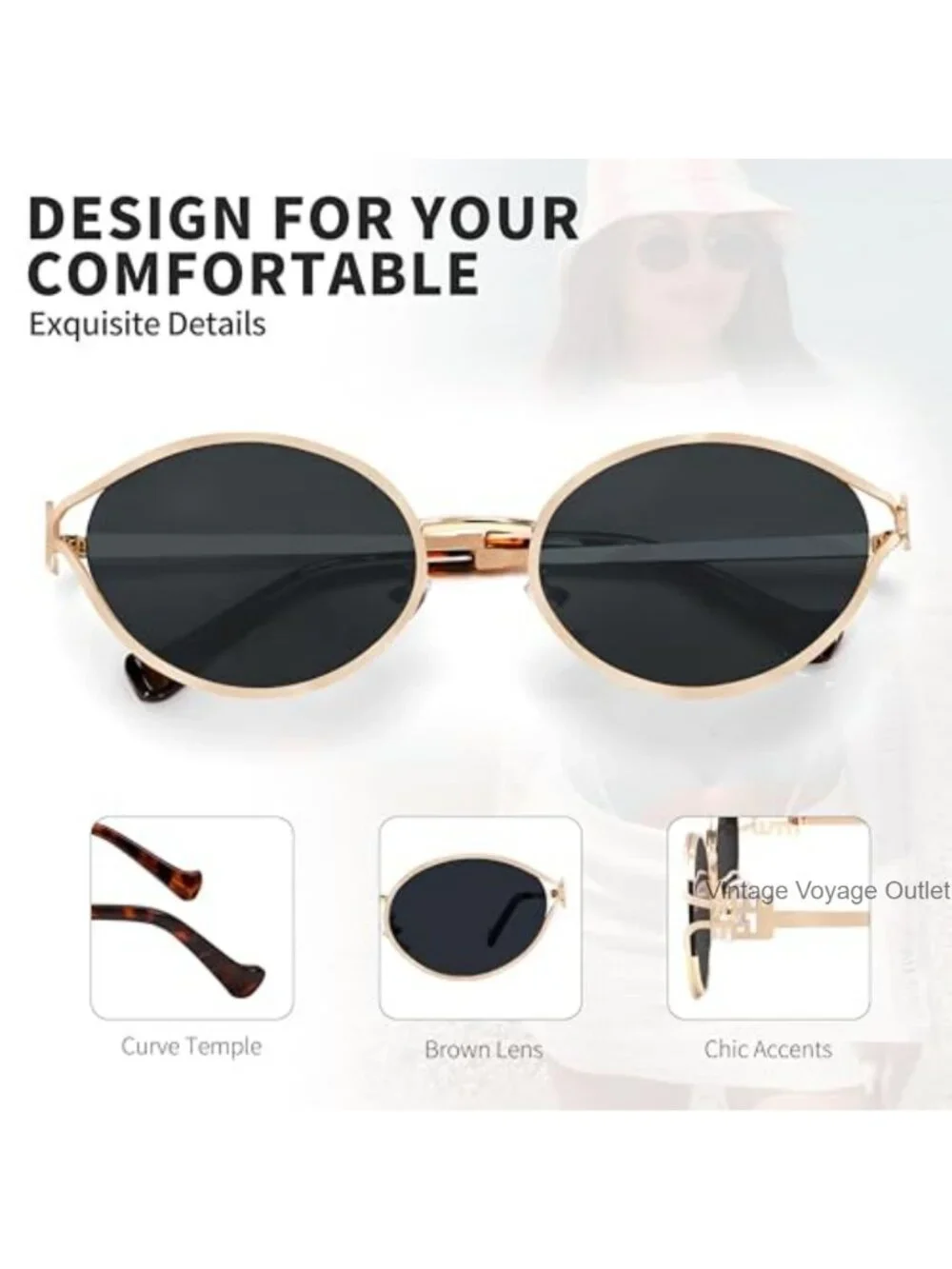 Vintage Retro Oval Small Sunglasses 90s Gold Frame UV400